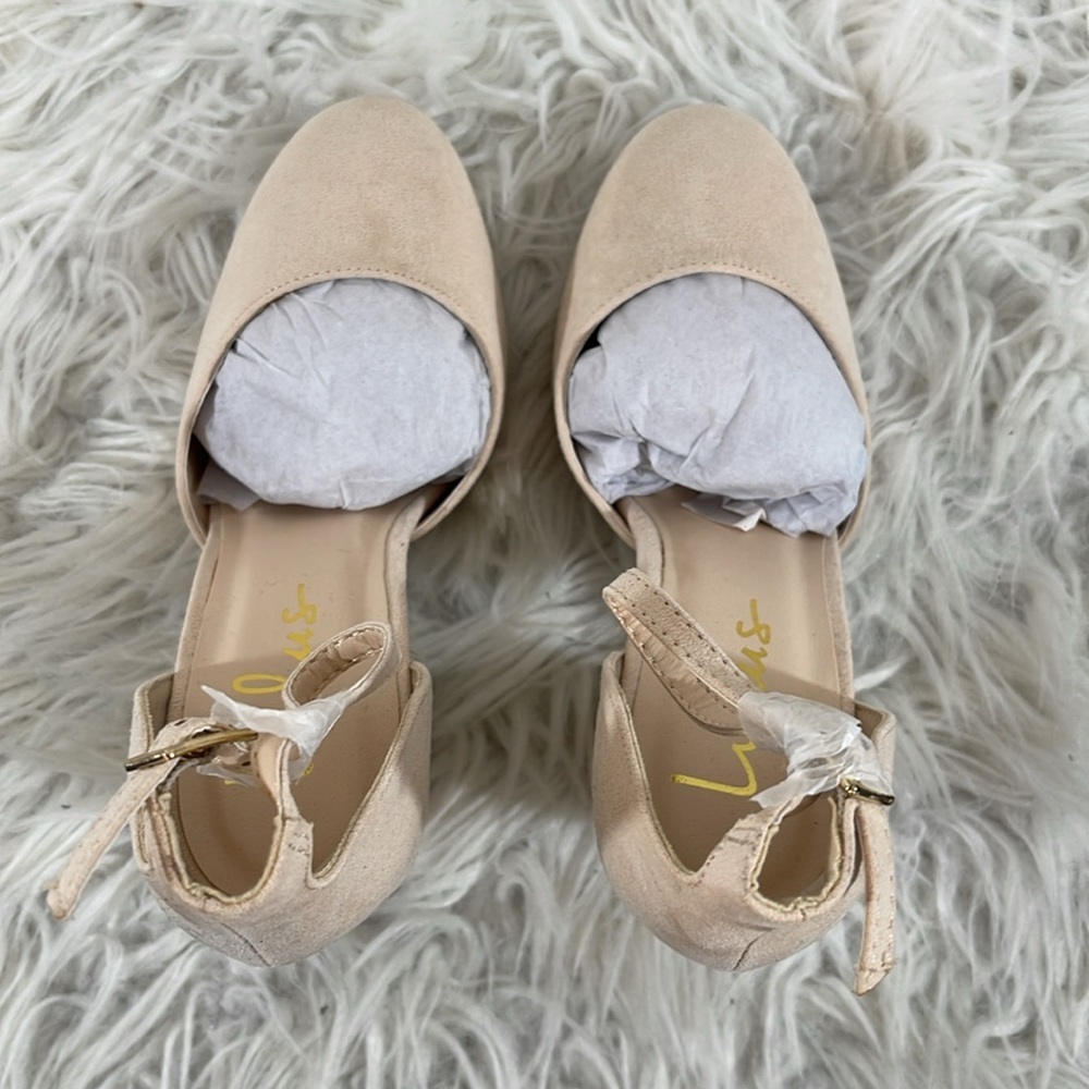 LULUS Laura Light Nude Suede Ankle Strap Chunky Heels Size 5.5 NEW - Picture 7 of 15